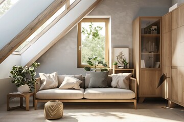 An attic in a building with a cozy interior design featuring a couch and a window, surrounded by wood flooring for added comfort and warmth