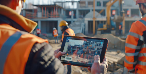 Vibrant video thumbnail for an app that captures the essence of construction site technology, showcasing digital twin models on tablet screens and busy workers - Powered by Adobe