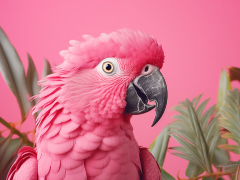 A vibrant pink parrot with detailed feathers, set against a pink background and tropical leaves, creating an exotic and colorful wildlife portrait