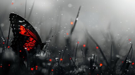  A butterfly, colored red and black, is perched on a blade of grass amidst a sea of green grass, dotted with droplets of water