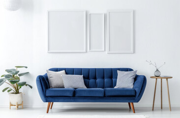 A modern living room with white walls, a blue armchair and sofa, a wooden coffee table, hanging pendant lights, decorative paintings on the wall