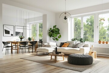Interior design of modern Scandinavian apartment, living room and dining room, panorama 3d rendering