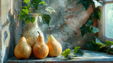 still life with a vase, font view a realistic picture of pears and algae. High detailed,high...