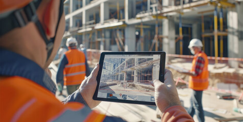 Vibrant video thumbnail for an app that captures the essence of construction site technology, showcasing digital twin models on tablet screens and busy workers - obrazy, fototapety, plakaty