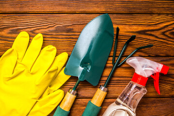 Garden tools on the background of a brown wooden table
