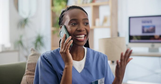 Nurse, phone call or smartphone on sofa in nursing home, conversation or happy for networking in living room. Black woman, caregiver and cellphone for healthcare discussion, medical and wellness chat