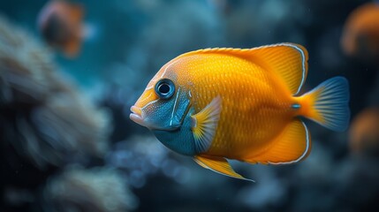  A detailed photo of a single blue-yellow fish swimming alongside other fish in an aquarium, surrounded by rocks in the background