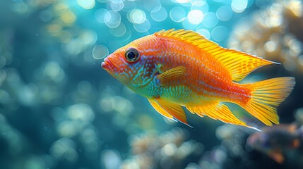 Obraz premium A yellow and blue fish, close-up, with water bubbles and blue sky in background