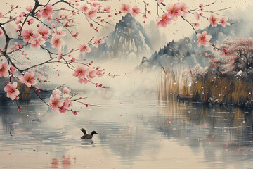 Two or three peach blossoms are blooming outside the bamboo forest, and the ducks playing in the water are the first to notice the warming of the river in early spring. The river beach was covered wit - obrazy, fototapety, plakaty
