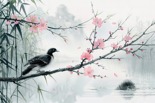 Two or three peach blossoms are blooming outside the bamboo forest, and the ducks playing in the water are the first to notice the warming of the river in early spring. The river beach was covered wit