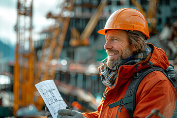 Engineering Consulting People on construction site holding blueprint in his hand. Construction site check drawing and business workflow of new building