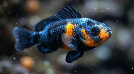 Fototapeta premium A close-up of an orange and black fish swimming in a blue background with water bubbles surrounding it