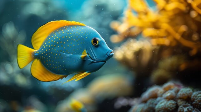  A detailed image of a vibrant blue and yellow fish swimming among colorful corals, seaweed, and other marine life