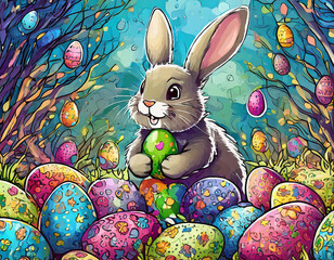happy easter bunny with many colorful easter eggs