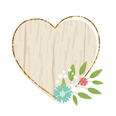 Wooden heart sign element with flowers. Vector wood board, frame, badge, label, shield, signboard collection. Brown background for your text. Vector illustration.