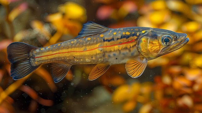  A close-up image of a fish in water featuring yellow and red stripes on its body