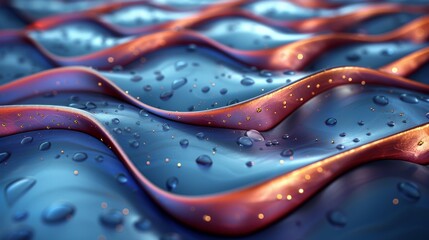  A macro shot of water drops on a surface featuring a red-blue wave in the foreground