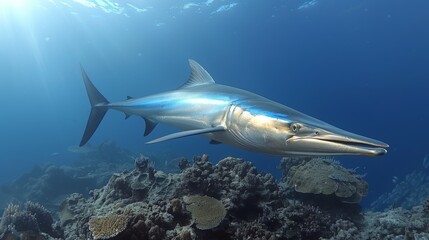 Fototapeta premium A shark swimming over a coral reef, with sunlight illuminating its face and head above the water