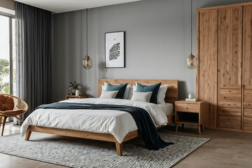 Interior of stylish bedroom with cozy bed and wooden cabinet. Interior of a bedroom