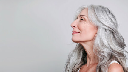 beautiful smiling elderly woman with gray hair on white background, lady, grandmother, old age, wrinkles, person, portrait, face, wrinkles, studio photo, skin care