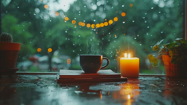 The sky is gloomy, after the rain, inside the cabin, desk in front of the window, candlelight, books, coffee cup