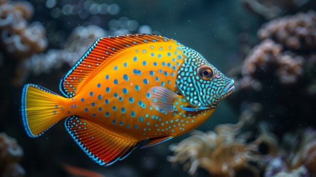  A close-up shot of a vibrant blue and orange fish amidst coral reefs, with crystal clear water in the backdrop