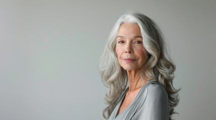 Fototapeta premium beautiful smiling elderly woman with gray hair on white background, lady, grandmother, old age, wrinkles, person, portrait, face, wrinkles, studio photo, skin care