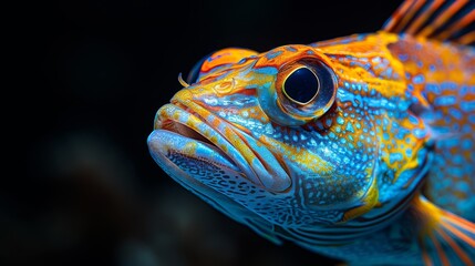  A detailed photo of a colorful fish featuring blue, yellow, orange, and yellow stripes on its face against a dark backdrop