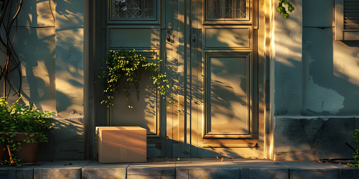 The Entrance To A Residence Is Graced By An Enchanting Green Door With Sun Light On The Door And  Delivered An Ordered Package To The Front Door 