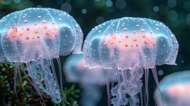  A school of jellyfish gracefully drifting above a vibrant green sea filled with myriad tiny white and pink bubbles