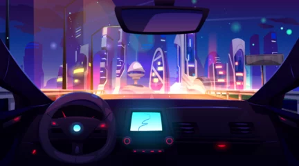 Poster Futuristic cityscape view from inside car. Vector cartoon illustration of auto riding on highway towards modern night city with illuminated skyscrapers, steering wheel, gps navigator on dashboard © klyaksun