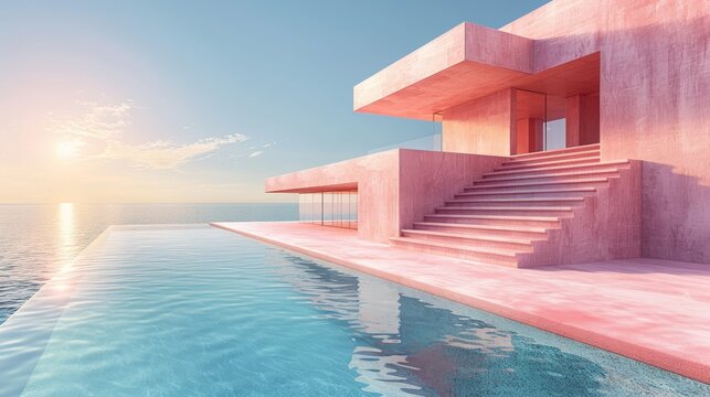  A 3D image of a swimming pool with steps and sunset in the backdrop