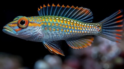  A close-up photo of a fish with orange and blue stripes on its body against a dark background
