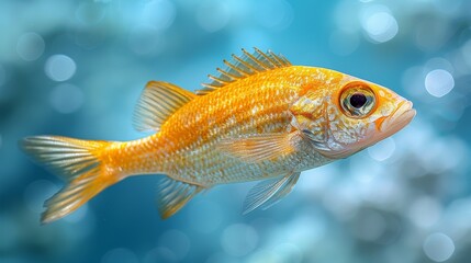 Fototapeta premium Close-up of goldfish in blue water, with bubble background & blue sky backdrop