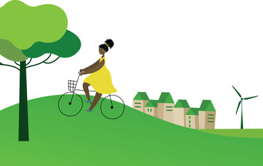 Eco-vector of a black girl on a bicycle on a summer background. A black girl in a yellow dress enjoys cycling on a summer background. The eco-village is green. Ecology. Environmental graphics. Vector 
