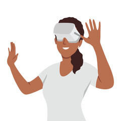 Happy black woman in VR glasses explore surroundings. Smiling female client in virtual reality glasses have fun enjoy new modern technology. Flat vector illustration isolated on white background