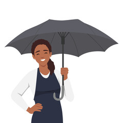 Young woman smiling on the rain under umbrella after work. Flat vector illustration isolated on white background
