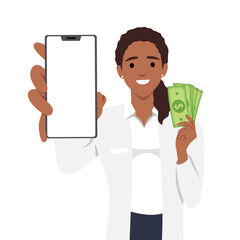 Young doctor or nurse holding and showing blank phone screen and holding money. Digital payment. Flat vector illustration isolated on white background