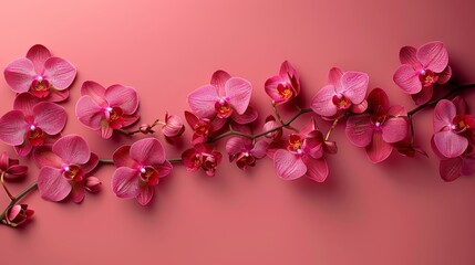 Fototapeta na wymiar A pink orchid branch on a pink background with room for text or an image insertion
