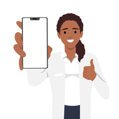 Young doctor or nurse holding and showing blank phone screen and showing thumb up. Digital payment. Flat vector illustration isolated on white background