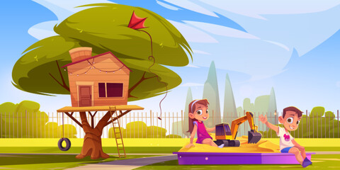 Backyard with kids boy and girl playing with excavator toy in sandbox near children house on green tree with swing tire and ladder. Cartoon vector summer playground with sandpit and climb clubhouse.