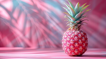  A pineapple sits atop a table, adjacent to a pink and blue striped wall with a pattern