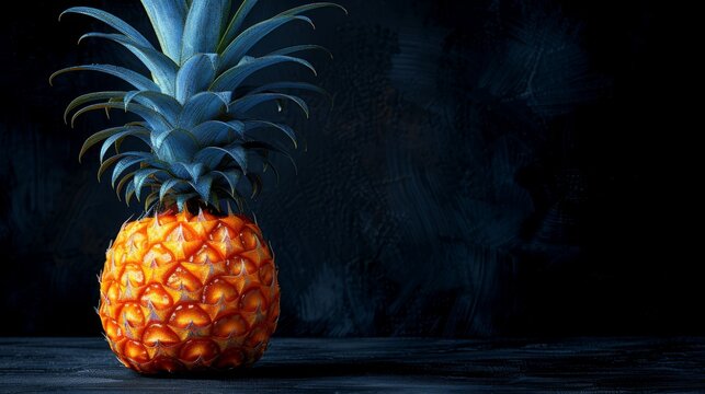  A sharp image of a red pineapple on a dark wooden table, with the top part in focus