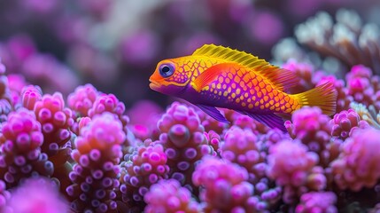  Fish close-up on coral amidst pink anemones with blurry background