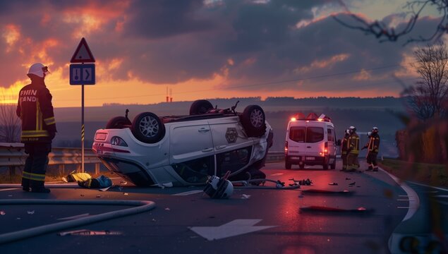 A motor vehicle has overturned on the side of the road under the cloudy sky, near water, as an airplane travels through the dusk sky