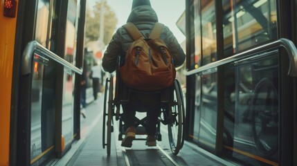Person in a wheelchair boarding a bus, accessible transport.
