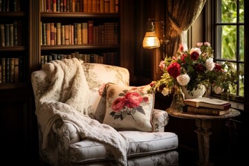 A charming Coquette aesthetic-inspired reading nook, complete with a plush velvet armchair, floral-print cushions, and an antique lace throw, offering a cozy retreat for literary adventures.