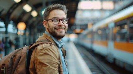 Man at train station, travel and urban lifestyle.