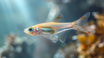 Fototapeta premium A detailed image of a fish in an aquarium with a plant in the foreground and clear water in the background, providing a vivid and visually appealing display