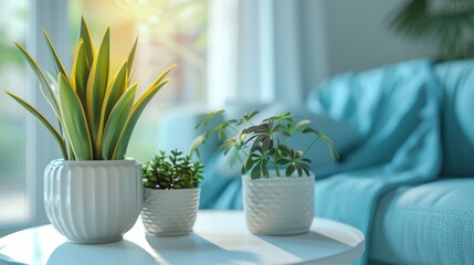 Indoor plant decoration in a bright living room setting with a comfortable blue couch in the background